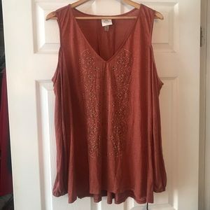 Burnt Orange Embellished Cold Shoulder Top